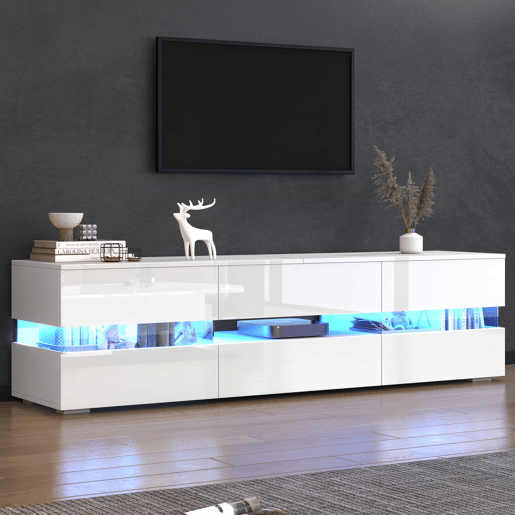 Móvel de TV moderno 160x39x45 cm - Com iluminação LED, 2 portas, 1 gaveta, prateleira aberta, adequado para TV de 70 polegadas - Branco Móvel de TV moderno 160x39x45 cm - Com iluminação LED, 2 portas, 1 gaveta, prateleira aberta, adequado para TV de 70 polegadas - Branco