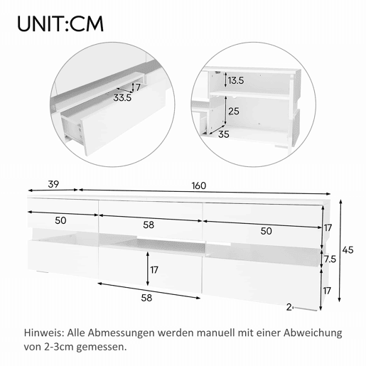 Móvel de TV moderno 160x39x45 cm - Com iluminação LED, 2 portas, 1 gaveta, prateleira aberta, adequado para TV de 70 polegadas - Branco Móvel de TV moderno 160x39x45 cm - Com iluminação LED, 2 portas, 1 gaveta, prateleira aberta, adequado para TV de 70 polegadas - Branco