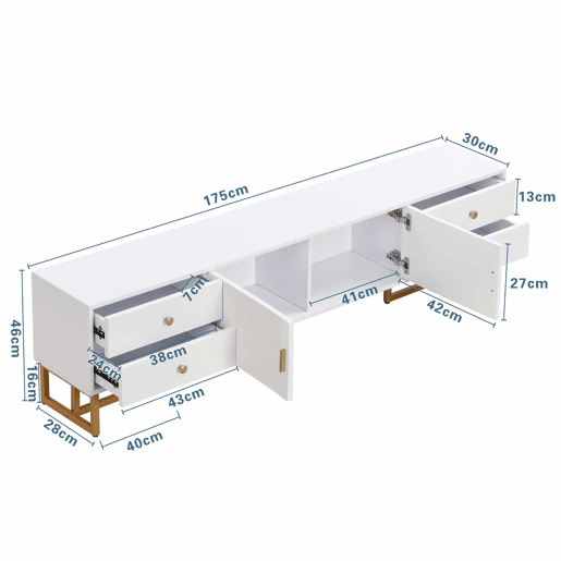 Móvel TV 175 cm - 2 portas texturadas e 4 gavetas - em MDF - Branco