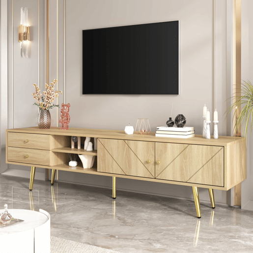 Mesa de TV 160x36x42cm - com 2 gavetas e 2 portas - pernas douradas - Natural