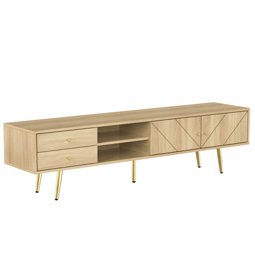 Mesa de TV 160x36x42cm - com 2 gavetas e 2 portas - pernas douradas - Natural