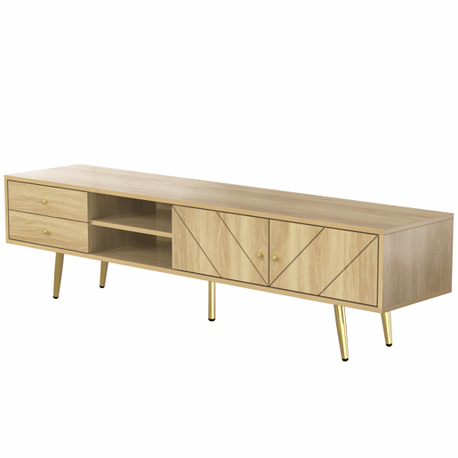 Mesa de TV 160x36x42cm - com 2 gavetas e 2 portas - pernas douradas - Natural
