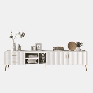 Móvel TV escandinavo contemporâneo de 180 cm para TV de 75u201D - 2 gavetas e 3 compartimentos - branco
