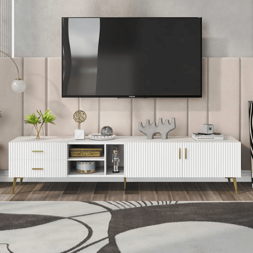 Móvel TV escandinavo contemporâneo de 180 cm para TV de 75u201D - 2 gavetas e 3 compartimentos - branco Móvel TV escandinavo contemporâneo de 180 cm para TV de 75u201D - 2 gavetas e 3 compartimentos - branco