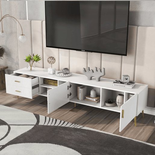 Móvel TV escandinavo contemporâneo de 180 cm para TV de 75u201D - 2 gavetas e 3 compartimentos - branco Móvel TV escandinavo contemporâneo de 180 cm para TV de 75u201D - 2 gavetas e 3 compartimentos - branco