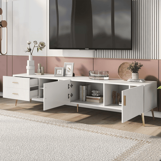 Móvel TV escandinavo contemporâneo de 180 cm para TV de 75u201D - 2 gavetas e 3 compartimentos - branco Móvel TV escandinavo contemporâneo de 180 cm para TV de 75u201D - 2 gavetas e 3 compartimentos - branco