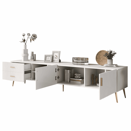 Móvel TV escandinavo contemporâneo de 180 cm para TV de 75u201D - 2 gavetas e 3 compartimentos - branco Móvel TV escandinavo contemporâneo de 180 cm para TV de 75u201D - 2 gavetas e 3 compartimentos - branco