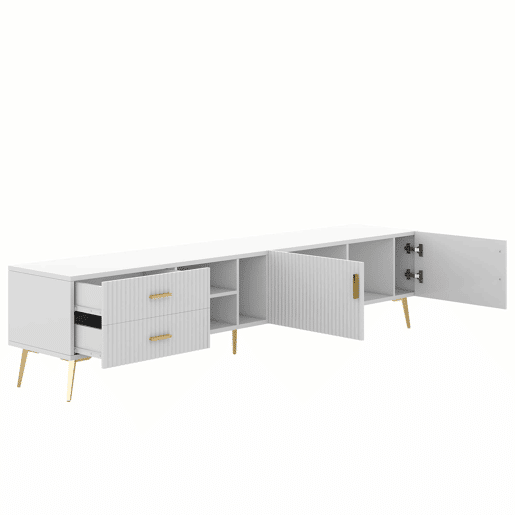 Móvel TV escandinavo contemporâneo de 180 cm para TV de 75u201D - 2 gavetas e 3 compartimentos - branco Móvel TV escandinavo contemporâneo de 180 cm para TV de 75u201D - 2 gavetas e 3 compartimentos - branco
