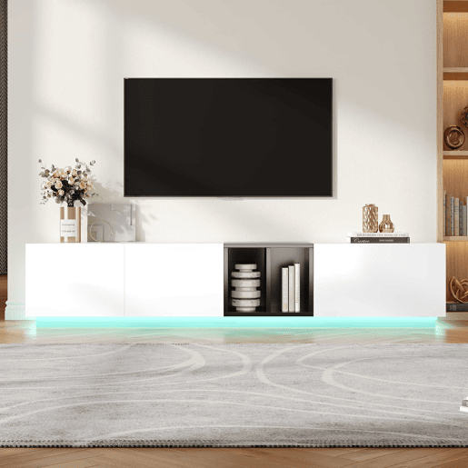 Móvel de TV moderno - Design simples com gavetas e compartimentos abertos - Branco Móvel de TV moderno - Design simples com gavetas e compartimentos abertos - Branco