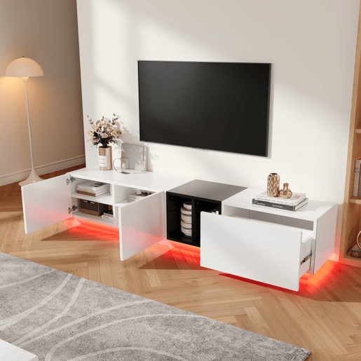 Móvel de TV moderno - Design simples com gavetas e compartimentos abertos - Branco Móvel de TV moderno - Design simples com gavetas e compartimentos abertos - Branco
