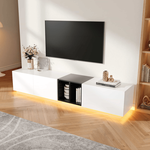 Móvel de TV moderno - Design simples com gavetas e compartimentos abertos - Branco Móvel de TV moderno - Design simples com gavetas e compartimentos abertos - Branco