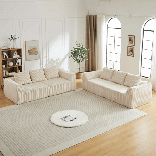 Sofá minimalista de 6 lugares - linhas fluidas e curvas, encosto ligeiramente inclinado, 6 almofadas - Bege