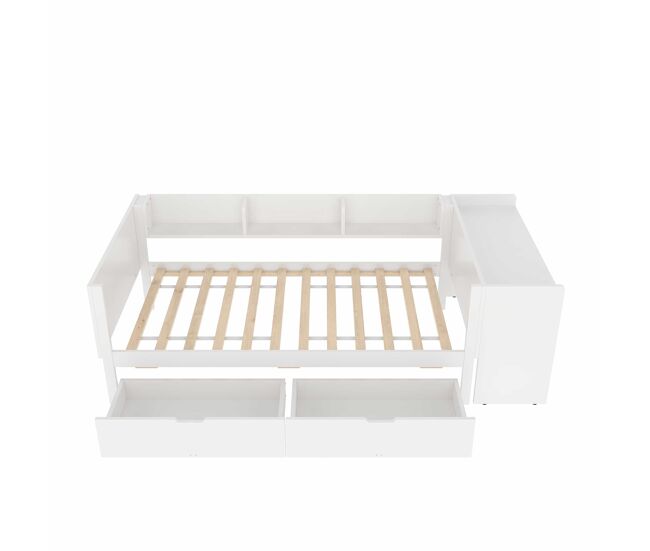 Cama individual 90x200cm - con escritorio, 2 cajones, estantes - blanco