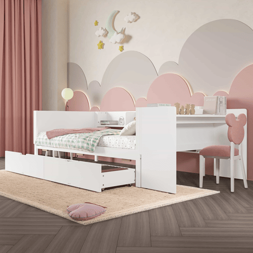 Cama individual 90x200cm - Com secretária, 2 gavetas, prateleiras - Branco