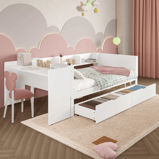 Cama individual 90x200cm - Com secretária, 2 gavetas, prateleiras - Branco