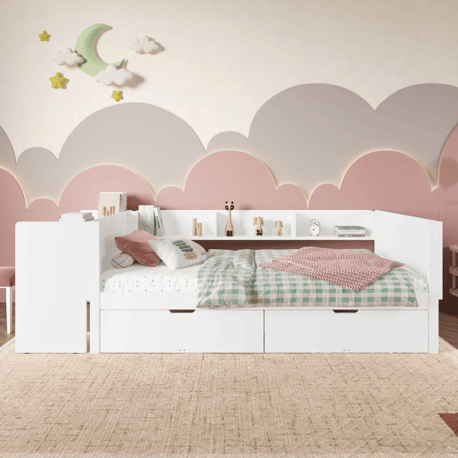 Cama individual 90x200cm - Com secretária, 2 gavetas, prateleiras - Branco