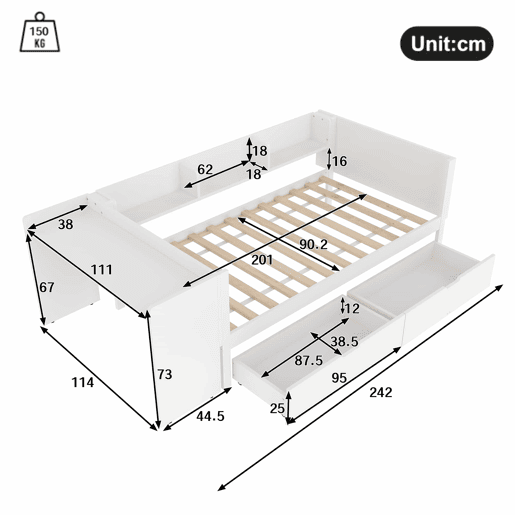 Cama individual 90x200cm - Com secretária, 2 gavetas, prateleiras - Branco