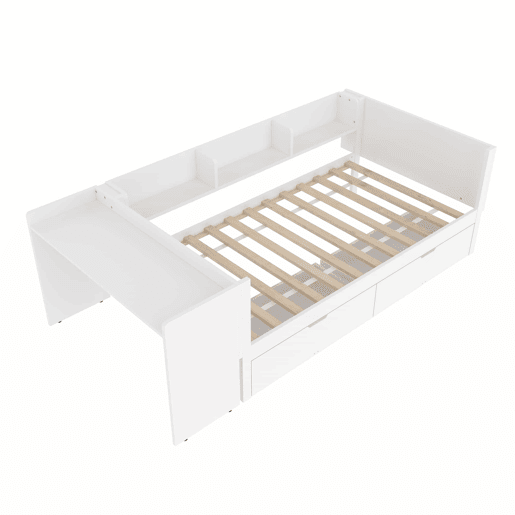 Cama individual 90x200cm - Com secretária, 2 gavetas, prateleiras - Branco