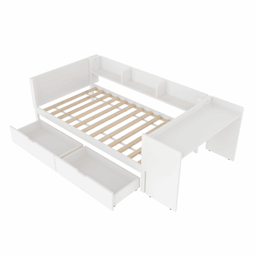 Cama individual 90x200cm - Com secretária, 2 gavetas, prateleiras - Branco