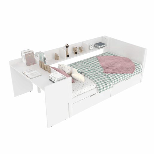 Cama individual 90x200cm - Com secretária, 2 gavetas, prateleiras - Branco