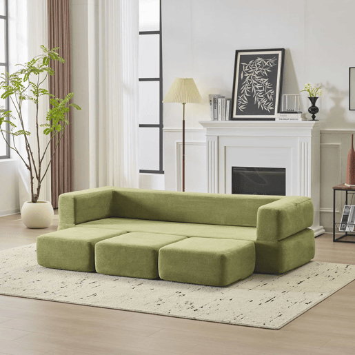 Sofá modular de 3 lugares - com 3 apoios para os pés, espuma de alta elasticidade, chenille, ideal para estúdios e escritórios - verde Sofá modular de 3 lugares - com 3 apoios para os pés, espuma de alta elasticidade, chenille, ideal para estúdios e escritórios - verde