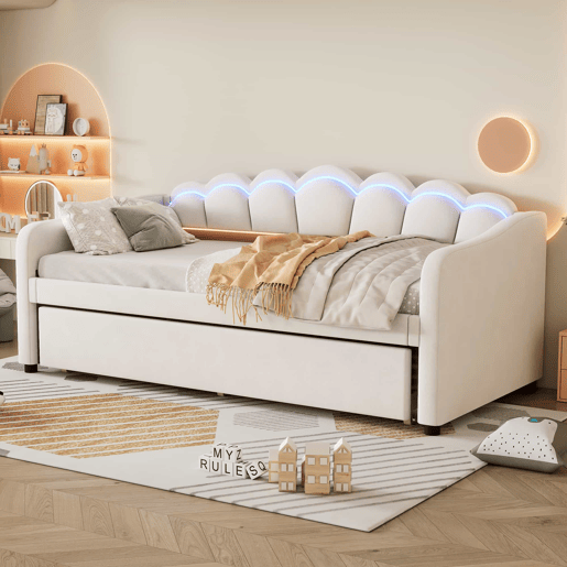Cama divã com LED 90x200cm + cama com gavetão 90x190cm - estofo em tecido de veludo - Bege (colchão não incluído)