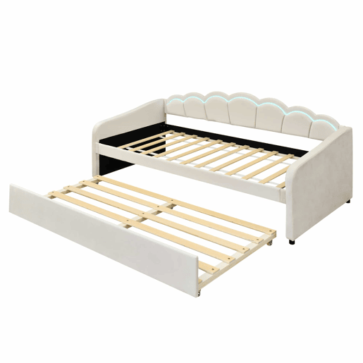 Cama divã com LED 90x200cm + cama com gavetão 90x190cm - estofo em tecido de veludo - Bege (colchão não incluído)