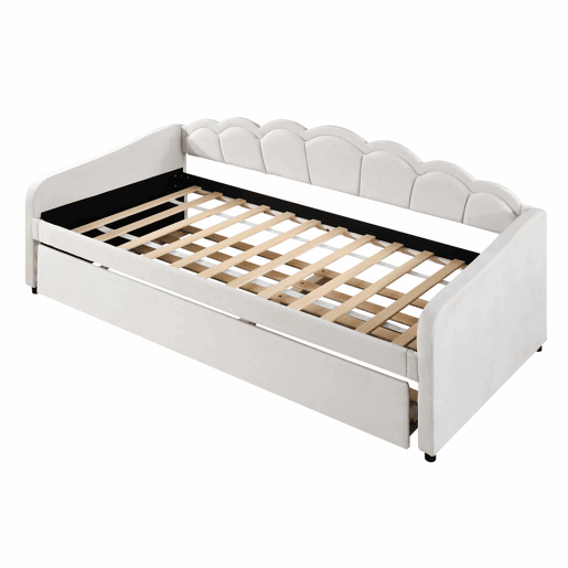 Cama divã com LED 90x200cm + cama com gavetão 90x190cm - estofo em tecido de veludo - Bege (colchão não incluído)
