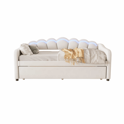 Cama divã com LED 90x200cm + cama com gavetão 90x190cm - estofo em tecido de veludo - Bege (colchão não incluído)