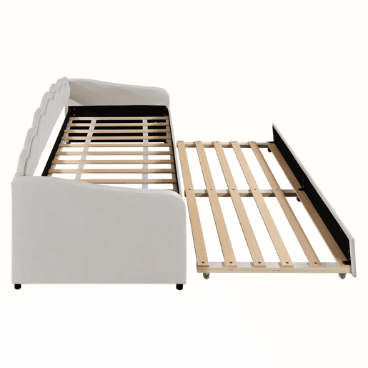 Cama divã com LED 90x200cm + cama com gavetão 90x190cm - estofo em tecido de veludo - Bege (colchão não incluído)