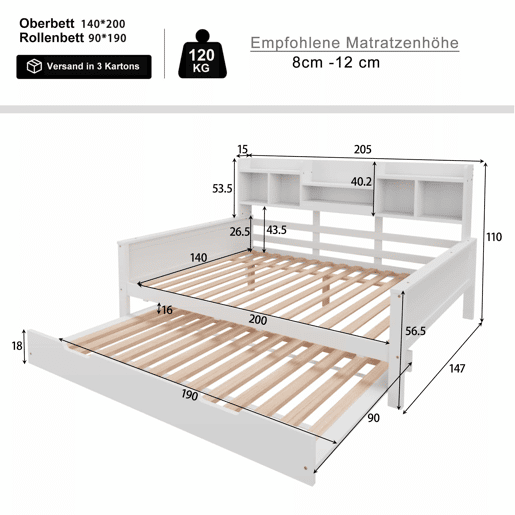 Sofá-cama 140200 cm - Com cama extraível 90190 cm, com arrumação e estrado, madeira de pinho, multifuncional - Branco