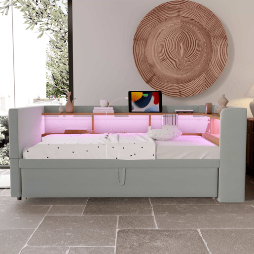 Sofá-cama extensível 90180*190 cm - com luzes LED, tomadas e vários compartimentos - Cinza claro Sofá-cama extensível 90180*190 cm - com luzes LED, tomadas e vários compartimentos - Cinza claro