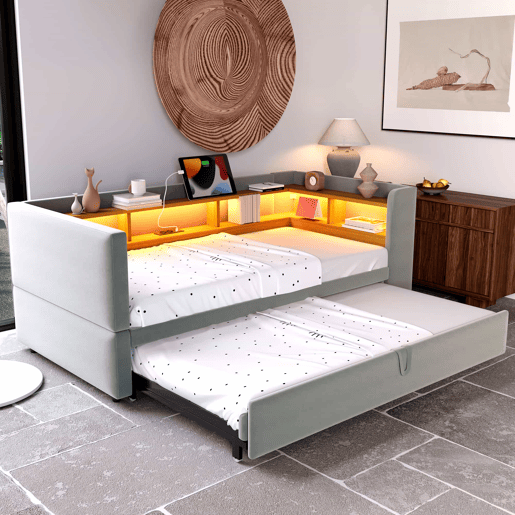 Sofá-cama extensível 90180*190 cm - com luzes LED, tomadas e vários compartimentos - Cinza claro Sofá-cama extensível 90180*190 cm - com luzes LED, tomadas e vários compartimentos - Cinza claro