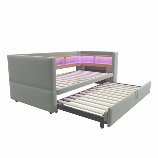 Sofá-cama extensível 90180*190 cm - com luzes LED, tomadas e vários compartimentos - Cinza claro Sofá-cama extensível 90180*190 cm - com luzes LED, tomadas e vários compartimentos - Cinza claro