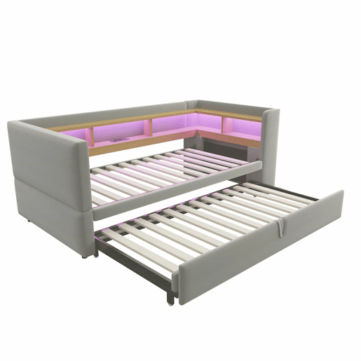Sofá-cama extensível 90180*190 cm - com luzes LED, tomadas e vários compartimentos - Cinza claro Sofá-cama extensível 90180*190 cm - com luzes LED, tomadas e vários compartimentos - Cinza claro