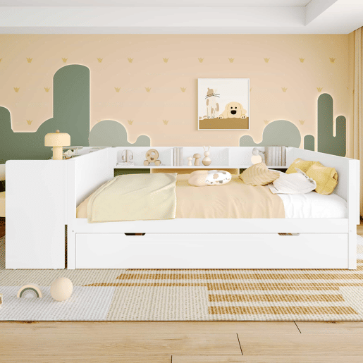 Cama de madeira 140x200cm - com secretária, cama adicional, prateleiras - branca