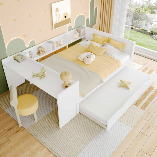 Cama de madeira 140x200cm - com secretária, cama adicional, prateleiras - branca