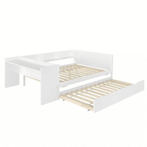 Cama de madeira 140x200cm - com secretária, cama adicional, prateleiras - branca