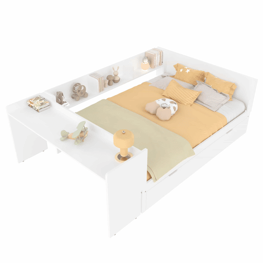 Cama de madeira 140x200cm - com secretária, cama adicional, prateleiras - branca