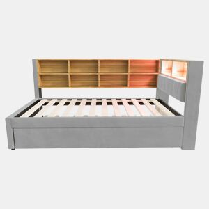 Sofá-cama 90x200 - Cama extensível 90x190, com luzes LED, tomadas e compartimentos de arrumação - Cinza claro