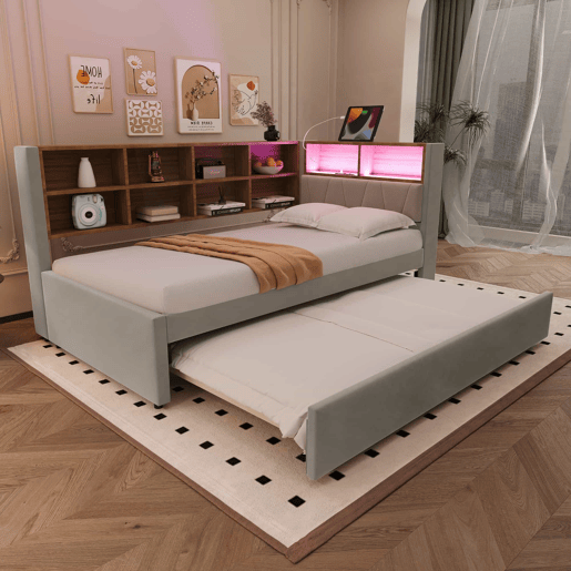 Sofá-cama 90x200 - Cama extensível 90x190, com luzes LED, tomadas e compartimentos de arrumação - Cinza claro
