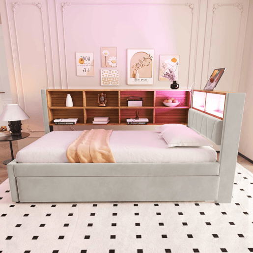 Sofá-cama 90x200 - Cama extensível 90x190, com luzes LED, tomadas e compartimentos de arrumação - Cinza claro