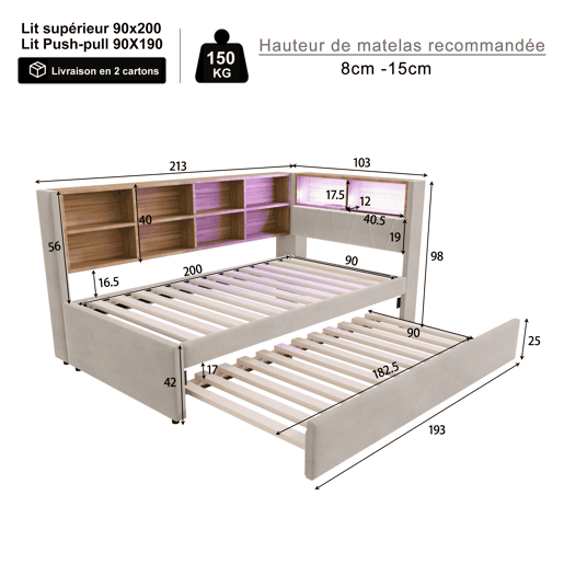 Sofá-cama 90x200 - Cama extensível 90x190, com luzes LED, tomadas e compartimentos de arrumação - Cinza claro