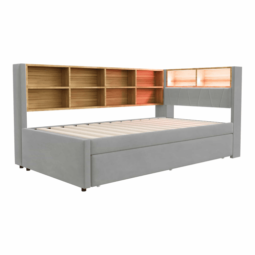 Sofá-cama 90x200 - Cama extensível 90x190, com luzes LED, tomadas e compartimentos de arrumação - Cinza claro