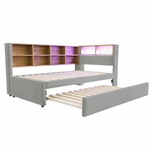 Sofá-cama 90x200 - Cama extensível 90x190, com luzes LED, tomadas e compartimentos de arrumação - Cinza claro