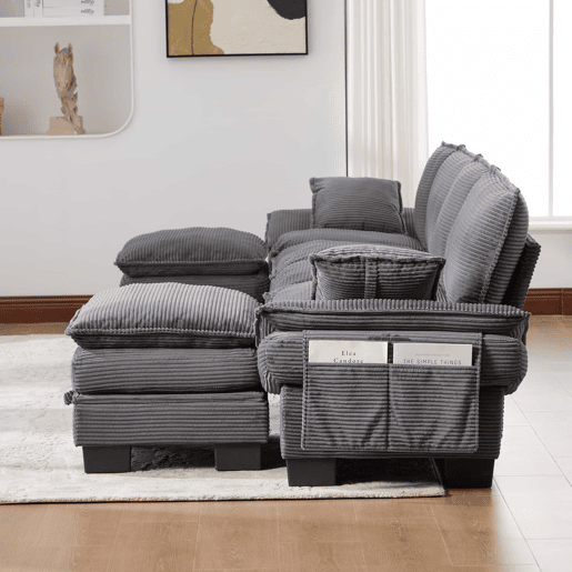 Sofá modular de 4 lugares com 2 pufes u2013 assento amplo, design ergonómico, estofamento em espuma de alta densidade, porta USB-C e bolsos laterais u2013 Cinza escuro