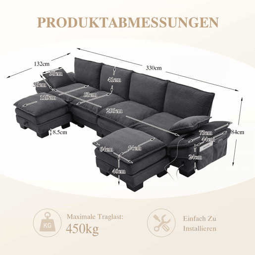 Sofá modular de 4 lugares com 2 pufes u2013 assento amplo, design ergonómico, estofamento em espuma de alta densidade, porta USB-C e bolsos laterais u2013 Cinza escuro
