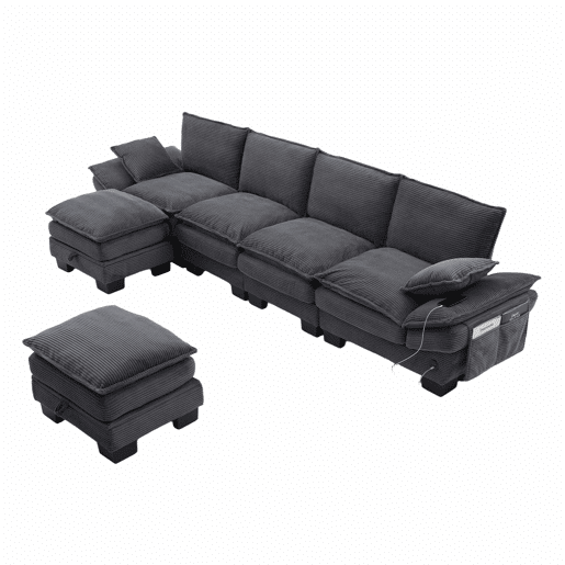 Sofá modular de 4 lugares com 2 pufes u2013 assento amplo, design ergonómico, estofamento em espuma de alta densidade, porta USB-C e bolsos laterais u2013 Cinza escuro