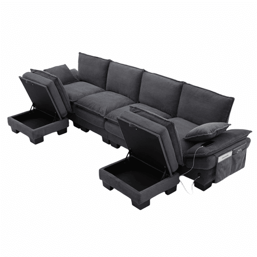 Sofá modular de 4 lugares com 2 pufes u2013 assento amplo, design ergonómico, estofamento em espuma de alta densidade, porta USB-C e bolsos laterais u2013 Cinza escuro
