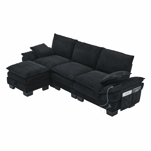 Sofá modular de 3 lugares - assento largo, design ergonómico, espuma de alta densidade, porta USB-C e bolsos laterais - preto